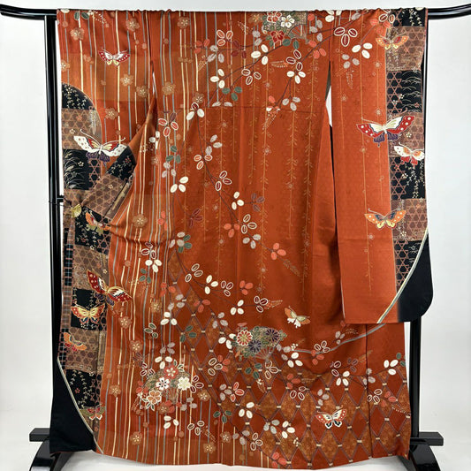 振袖禮服 身長166cm 袖長65cm M 雙層 蝶 縱條紋 金絲 金銀彩 紅茶 純蠶絲 秀品級