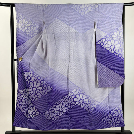 振袖禮服 身長153cm 袖長62.5cm S 雙層 菊花 菱 總絞染 紫 純蠶絲 秀品級