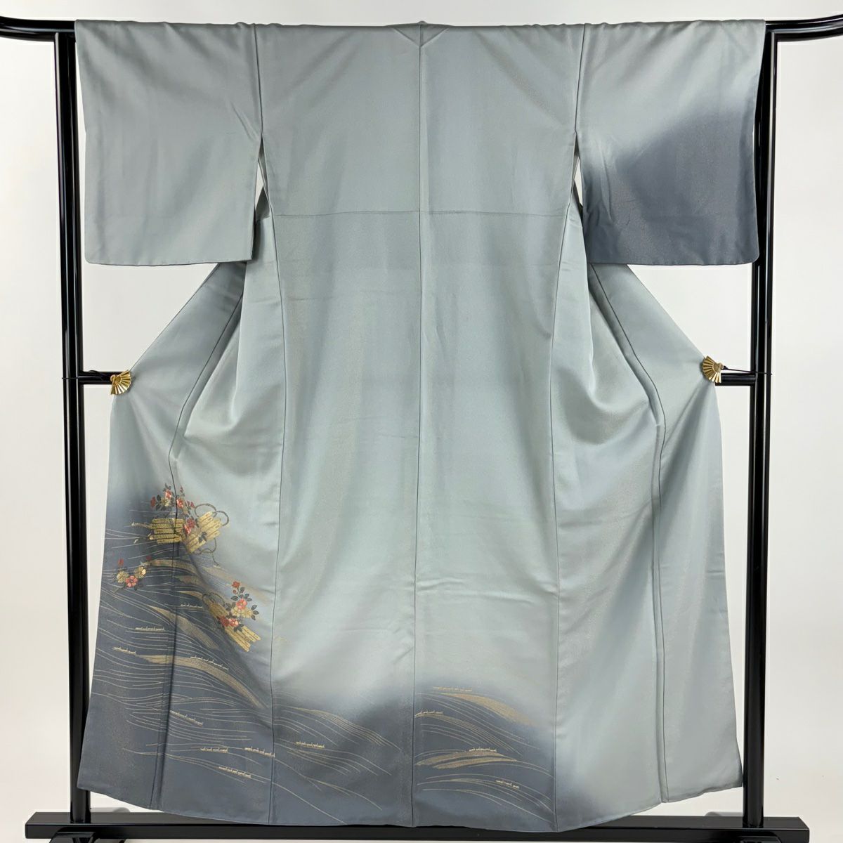 付下 身長156cm 袖長64cm M 雙層 花筏 流水 刺繡 金通 青灰 純蠶絲 秀品級
