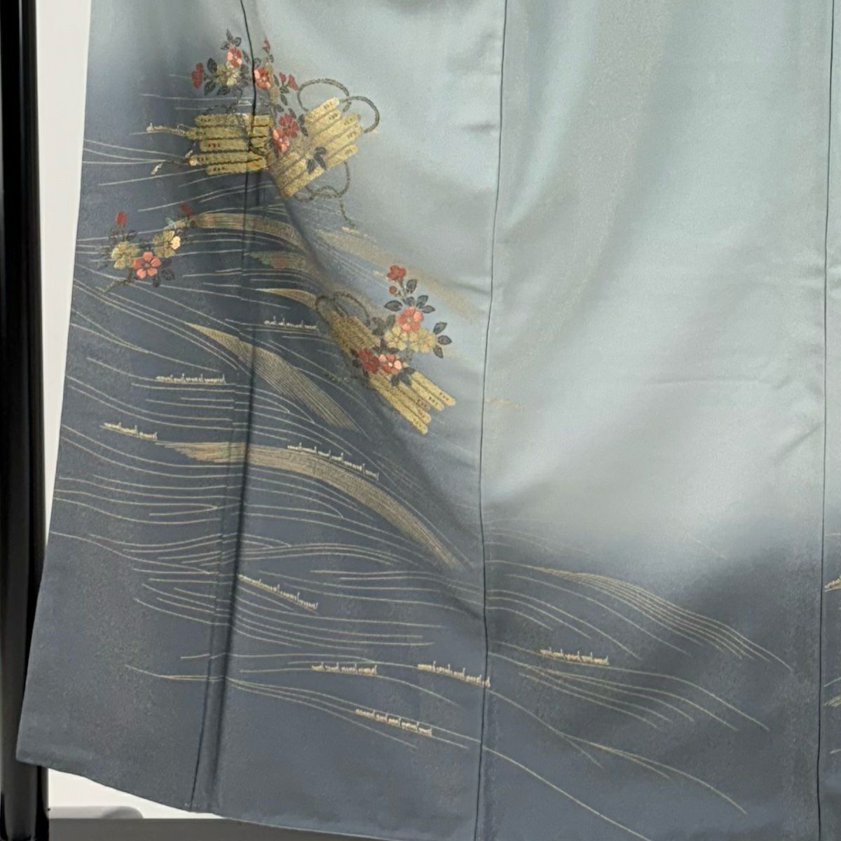 付下 身長156cm 袖長64cm M 雙層 花筏 流水 刺繡 金通 青灰 純蠶絲 秀品級