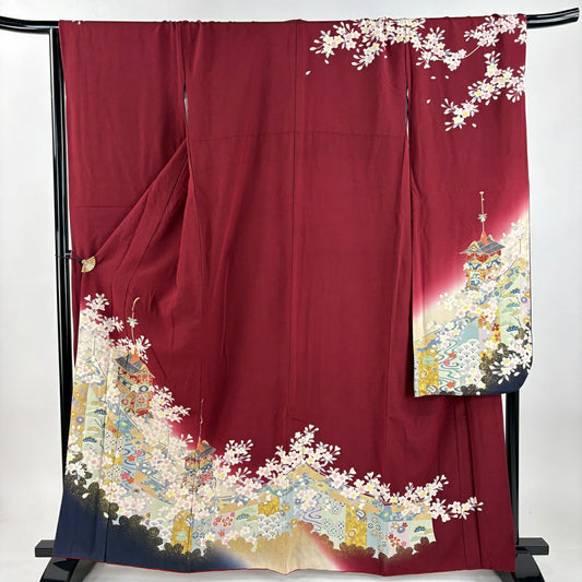 振袖禮服 身長163cm 袖長68.5cm L 雙層 山鉾 幔幕 金絲 金銀彩 深紅 純蠶絲 優品級