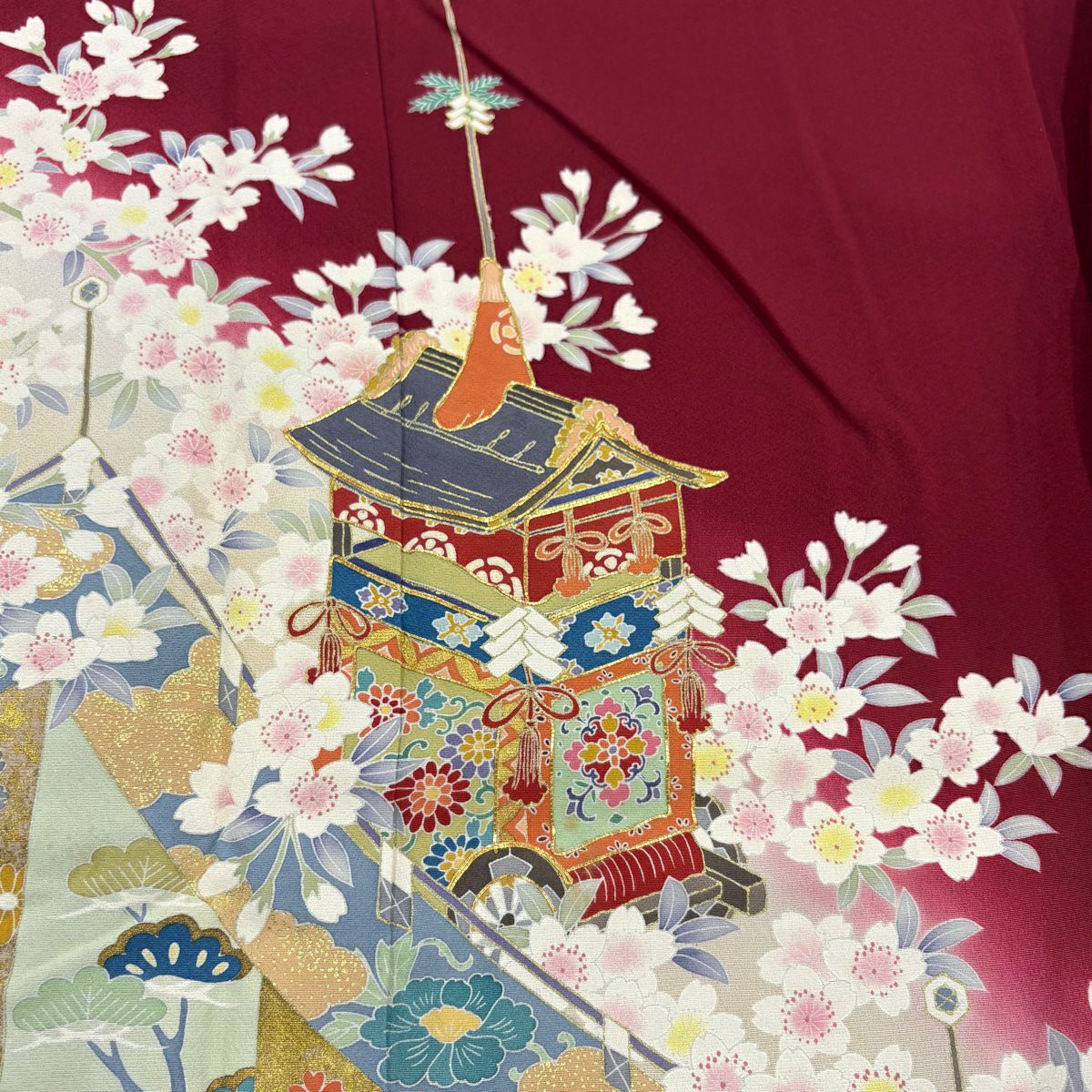 振袖禮服 身長163cm 袖長68.5cm L 雙層 山鉾 幔幕 金絲 金銀彩 深紅 純蠶絲 優品級