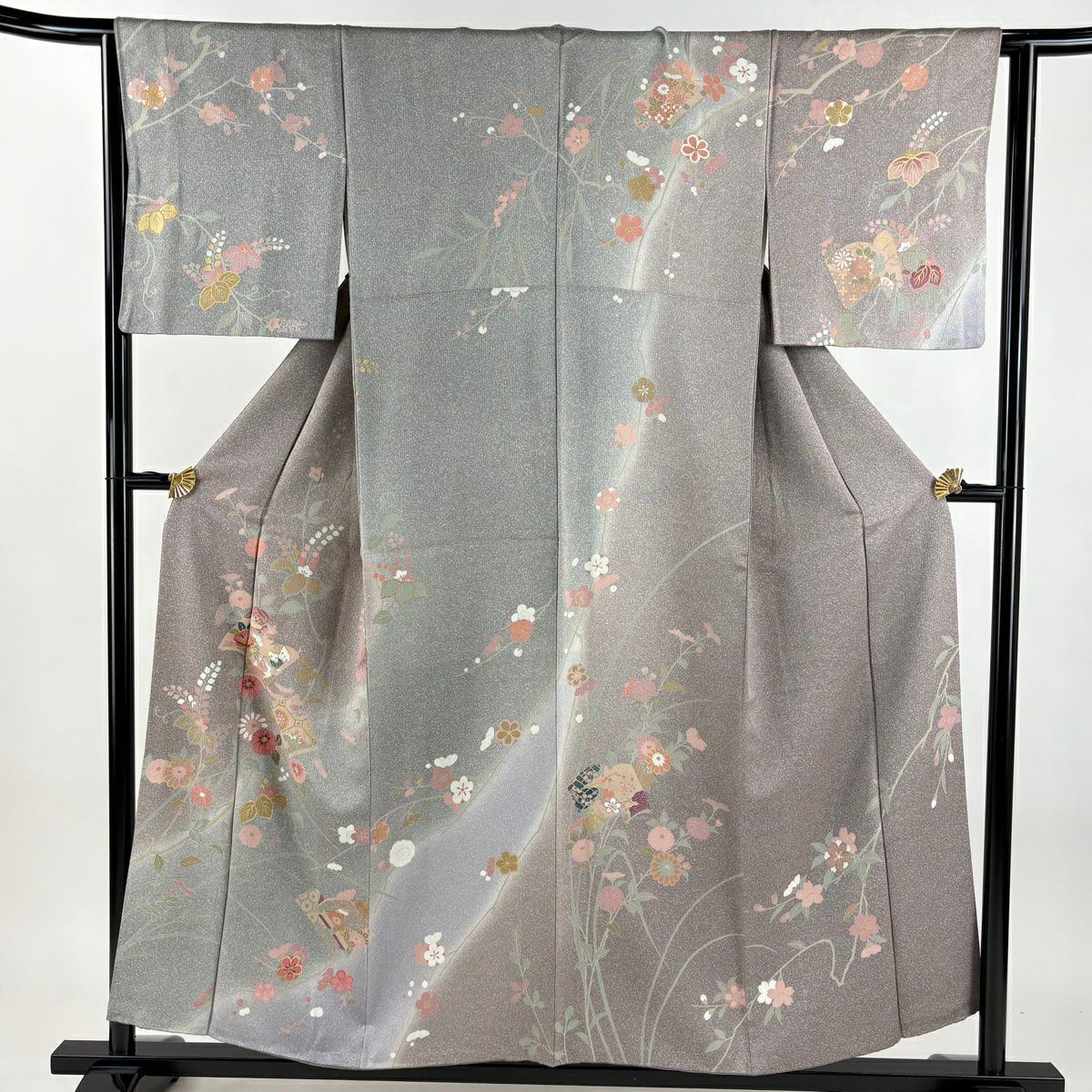 訪問服 身長154cm 袖長63cm S 雙層 冊子 草花紋紋 金彩裝飾 漸層 灰紫 純蠶絲 秀品級