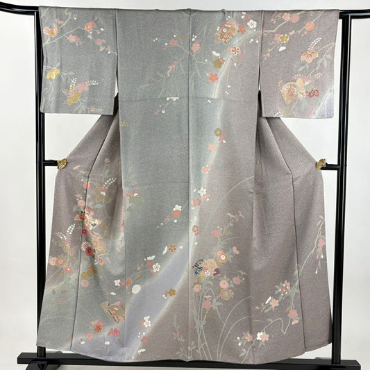 訪問服 身長154cm 袖長63cm S 雙層 冊子 草花紋紋 金彩裝飾 漸層 灰紫 純蠶絲 秀品級
