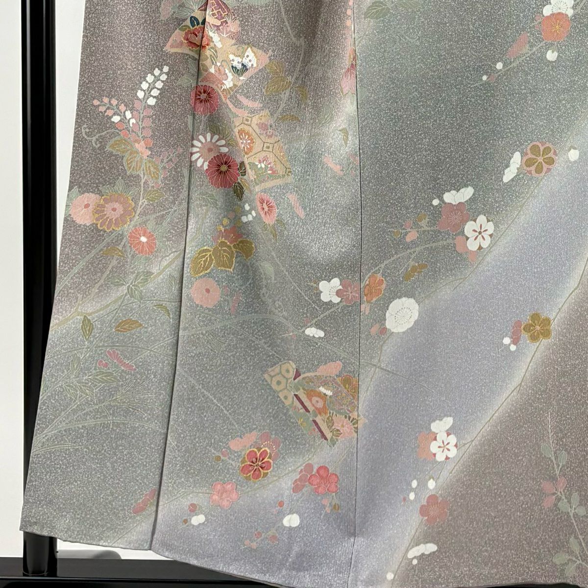 訪問服 身長154cm 袖長63cm S 雙層 冊子 草花紋紋 金彩裝飾 漸層 灰紫 純蠶絲 秀品級