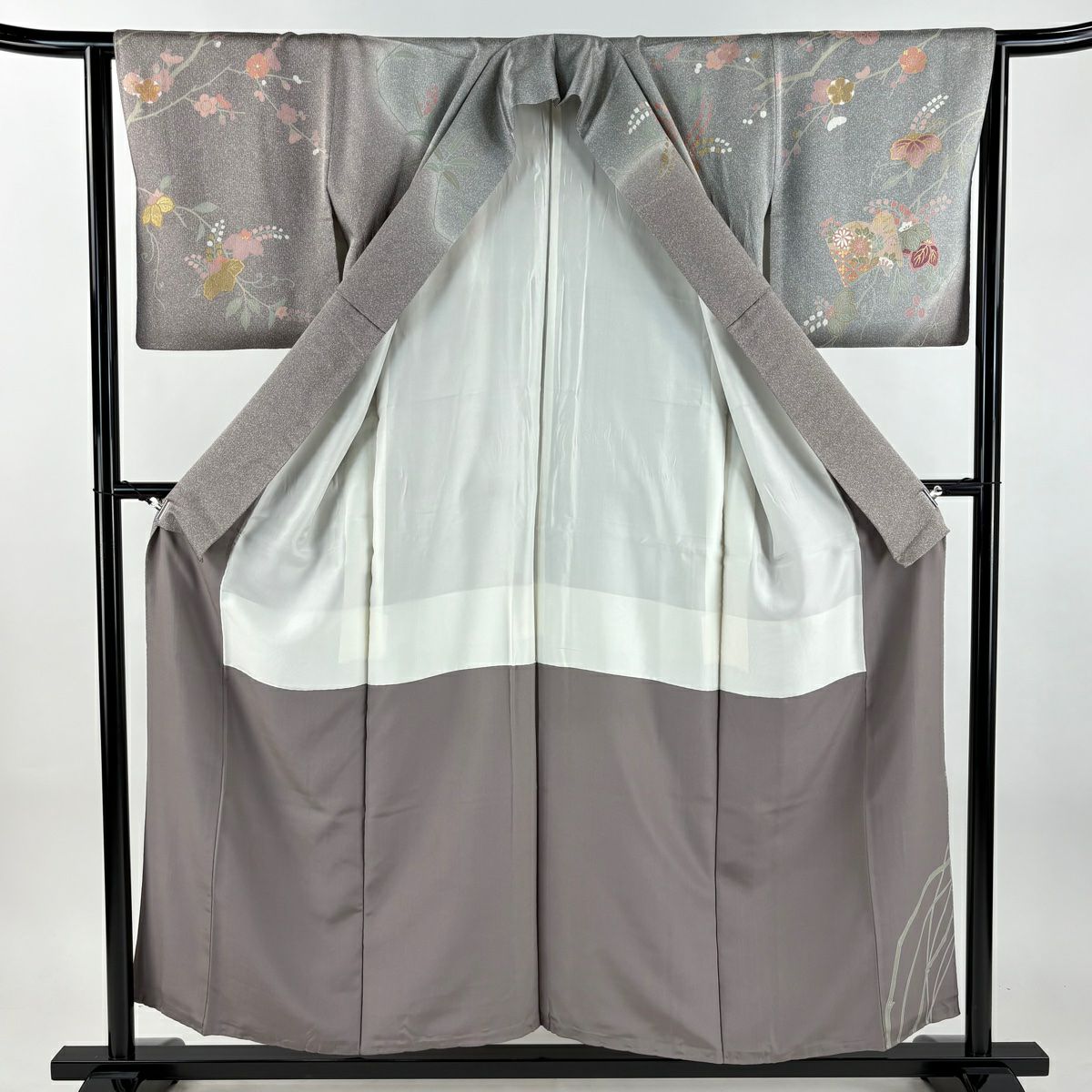 訪問服 身長154cm 袖長63cm S 雙層 冊子 草花紋紋 金彩裝飾 漸層 灰紫 純蠶絲 秀品級