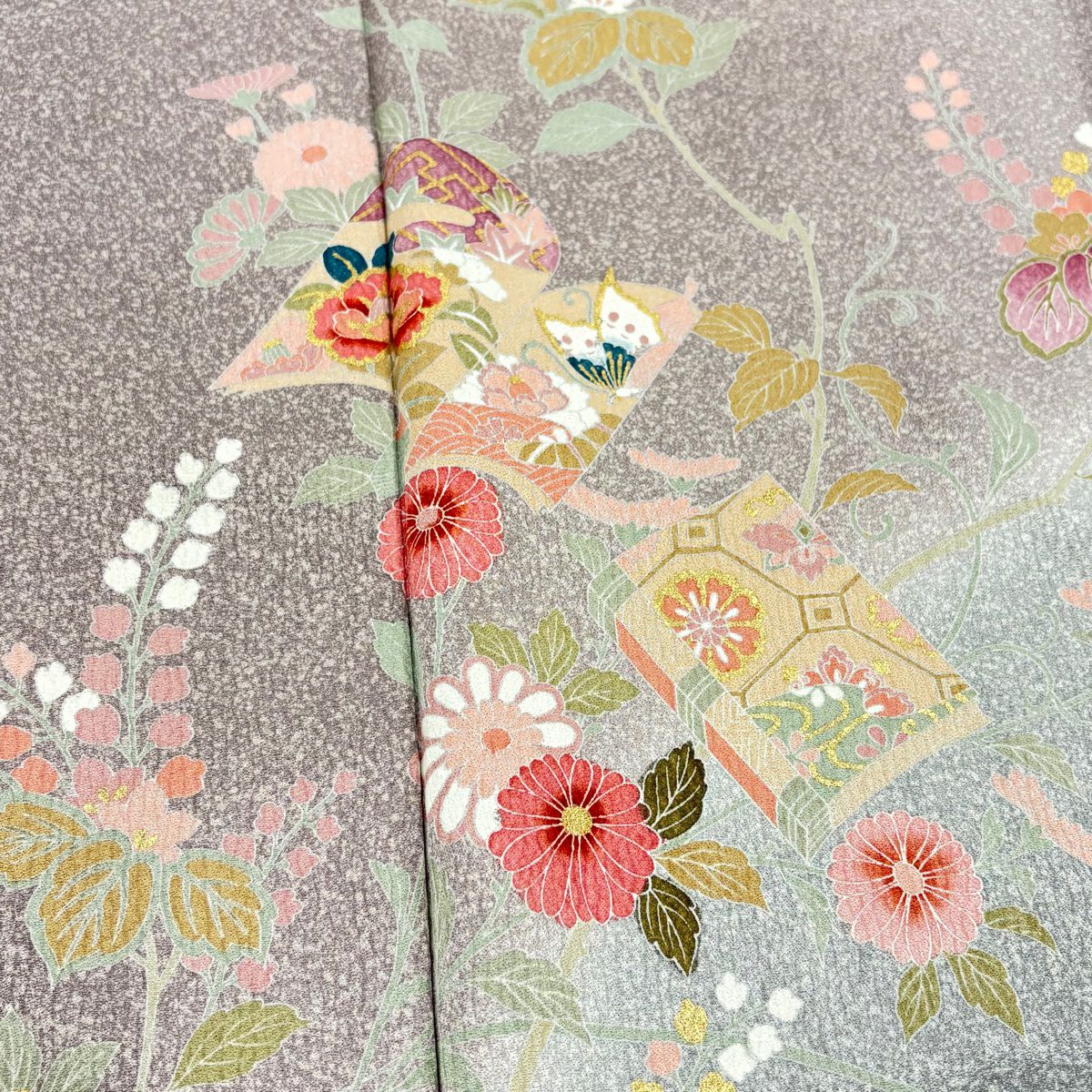 訪問服 身長154cm 袖長63cm S 雙層 冊子 草花紋紋 金彩裝飾 漸層 灰紫 純蠶絲 秀品級