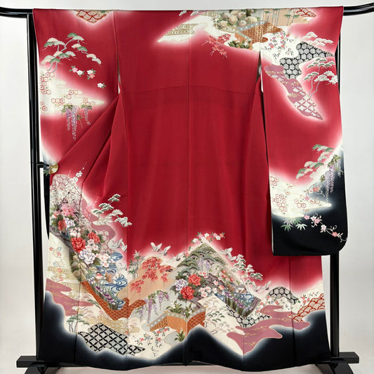 振袖禮服 身長159cm 袖長67cm M 雙層 牡丹 鳥 金彩裝飾 漸層 紅 純蠶絲 優品級