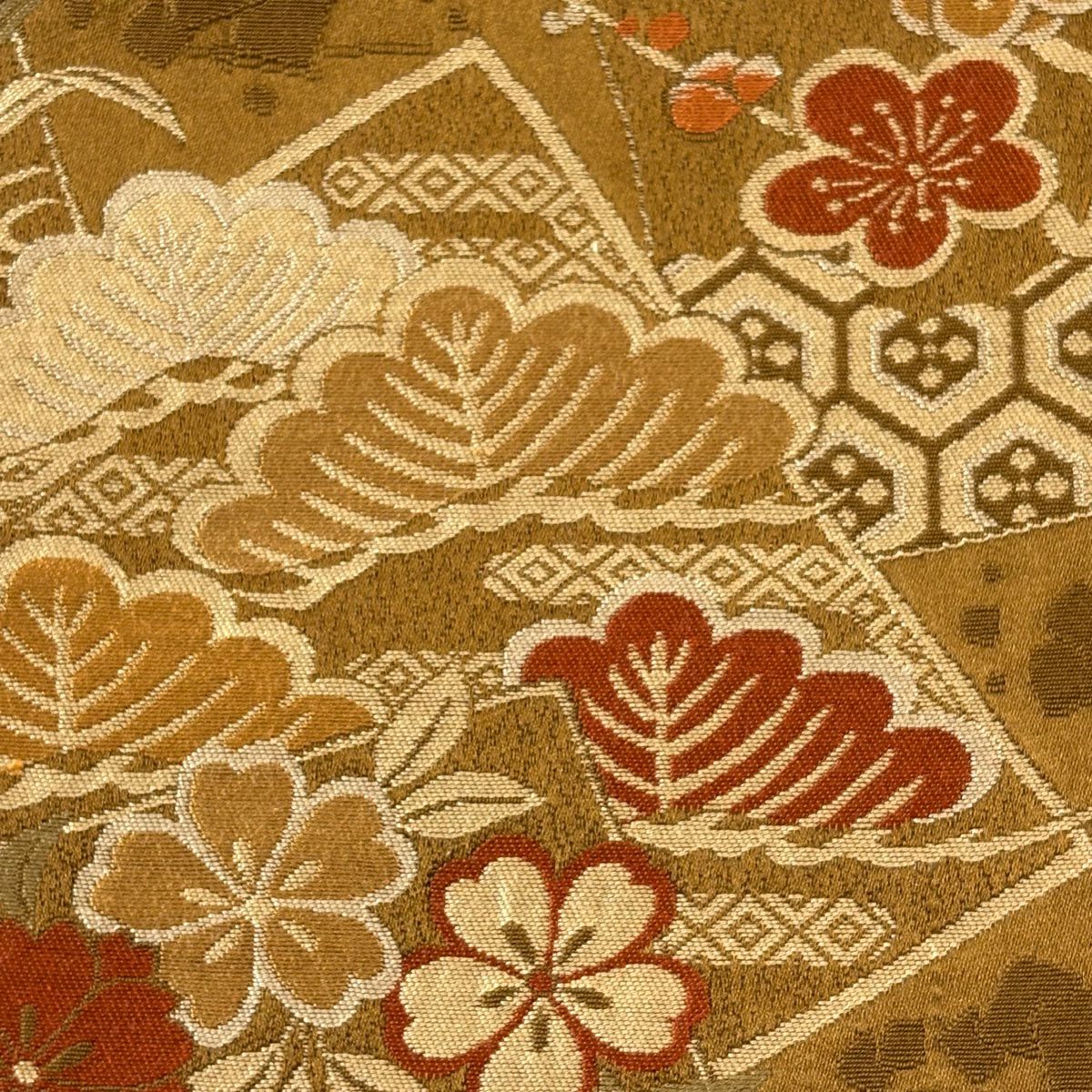 【美品】 袋帶 優品級 こむさでもーど 色紙 草花紋 黃土 深色 六通 化纖