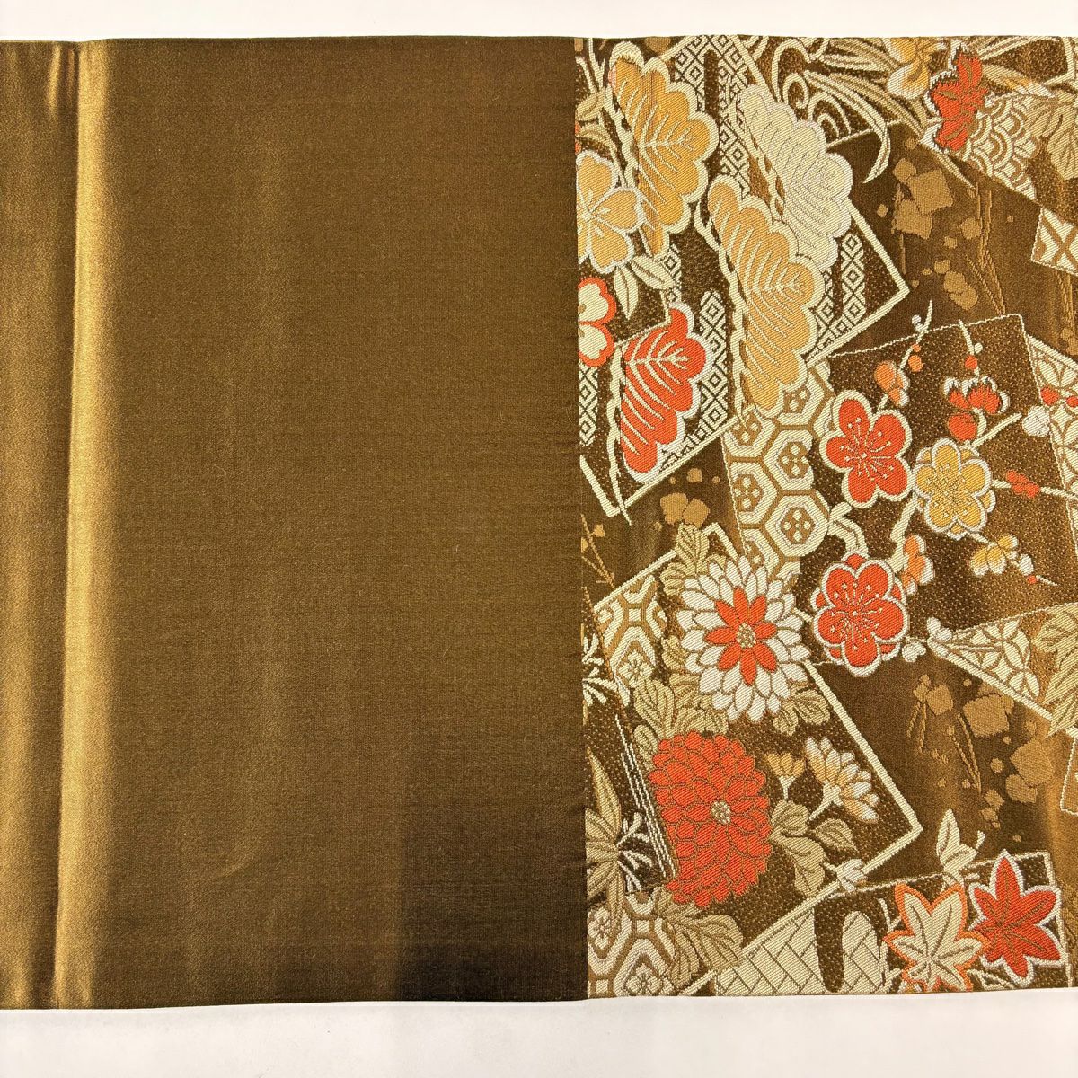【美品】 袋帶 優品級 こむさでもーど 色紙 草花紋 黃土 深色 六通 化纖