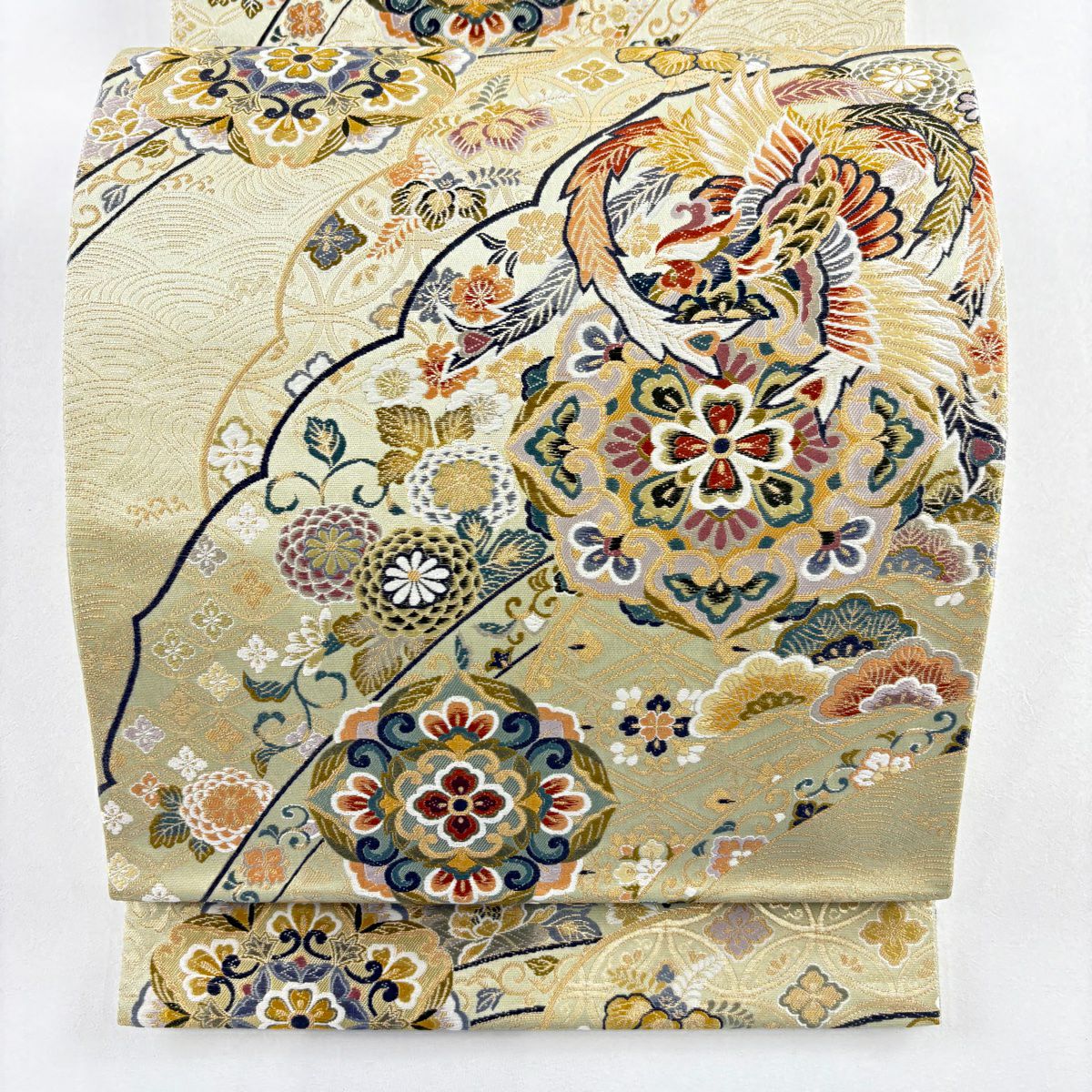 【美品】 袋帶 秀品級 華紋 花鳥 金絲 金金箔 灰綠 六通 純蠶絲