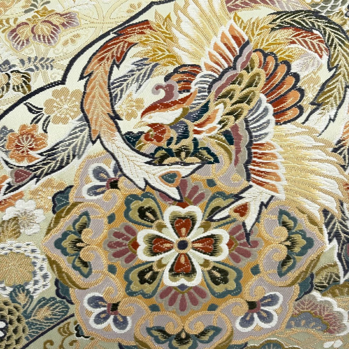 【美品】 袋帶 秀品級 華紋 花鳥 金絲 金金箔 灰綠 六通 純蠶絲