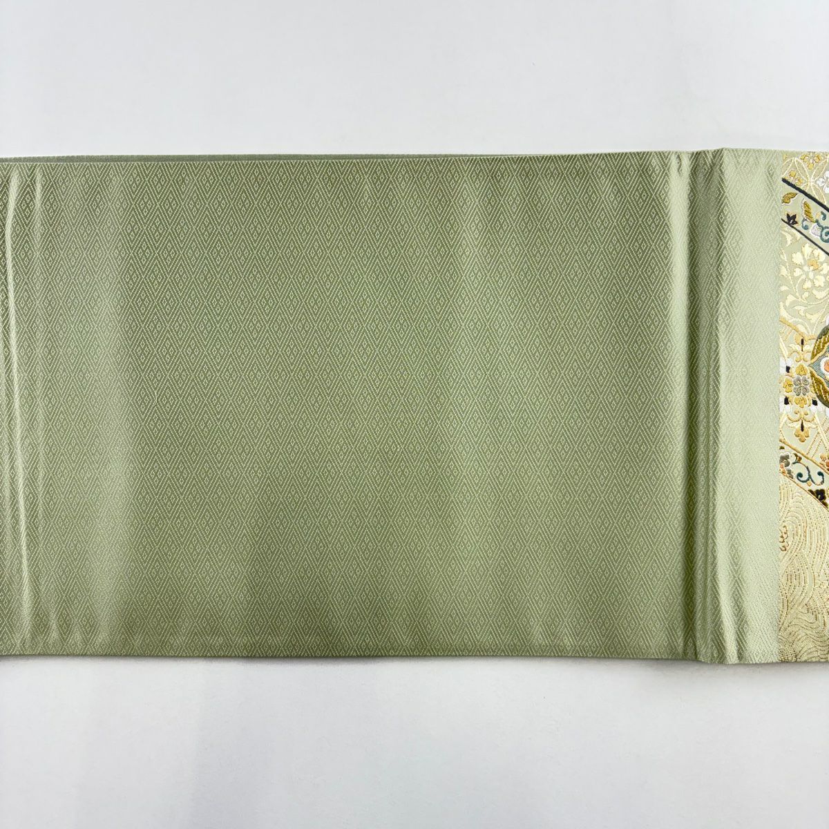 【美品】 袋帶 秀品級 華紋 花鳥 金絲 金金箔 灰綠 六通 純蠶絲