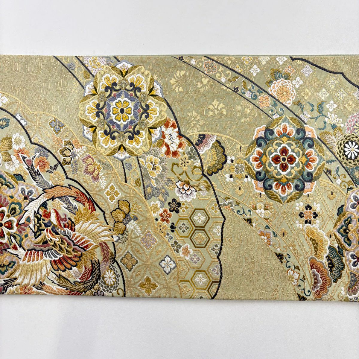 【美品】 袋帶 秀品級 華紋 花鳥 金絲 金金箔 灰綠 六通 純蠶絲