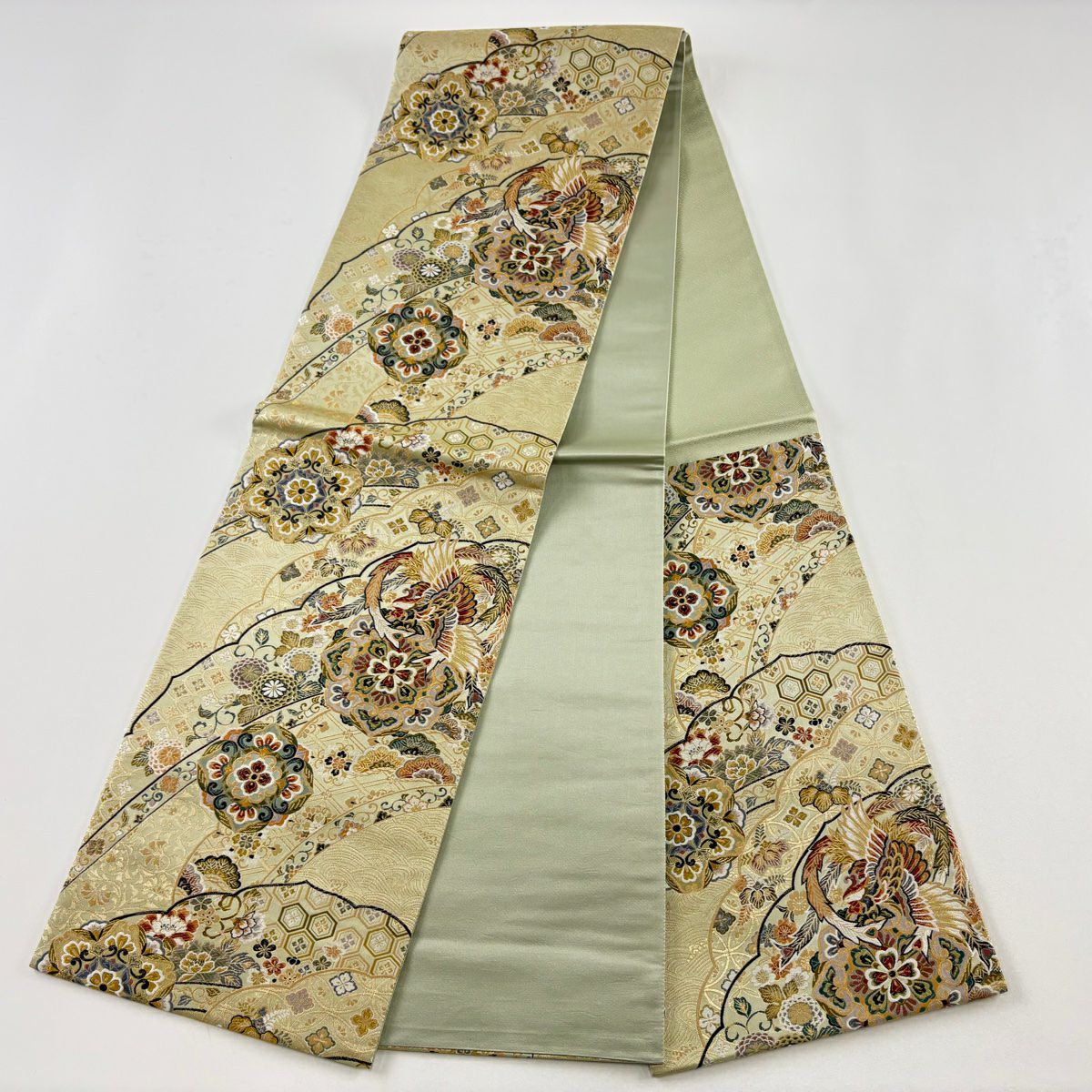 【美品】 袋帶 秀品級 華紋 花鳥 金絲 金金箔 灰綠 六通 純蠶絲