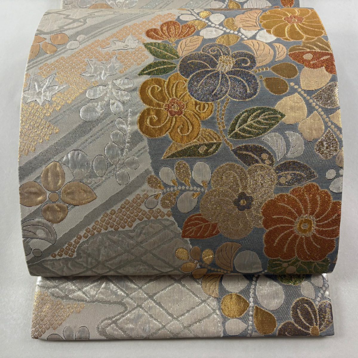 【美品】 袋帶 秀品級 椿 辻花染圖案 金金箔 金銀彩 六通 純蠶絲