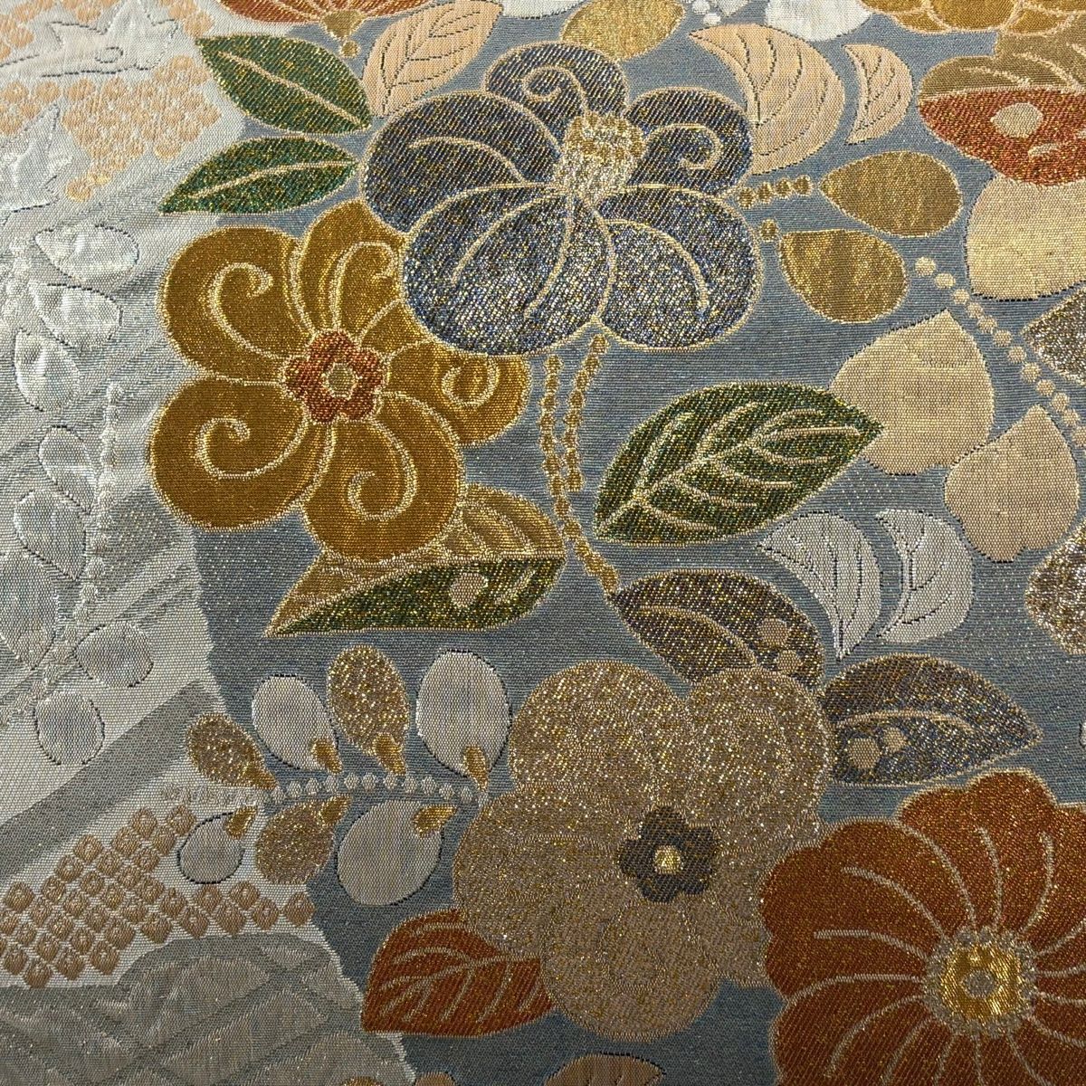 【美品】 袋帶 秀品級 椿 辻花染圖案 金金箔 金銀彩 六通 純蠶絲