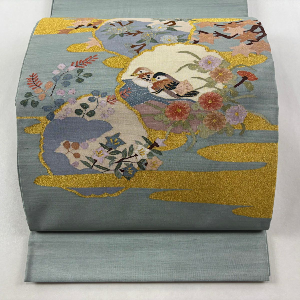 【美品】 袋帶 逸品級 雪輪 鴛鴦 金絲 綴織 淺綠 お太鼓圖案 純蠶絲