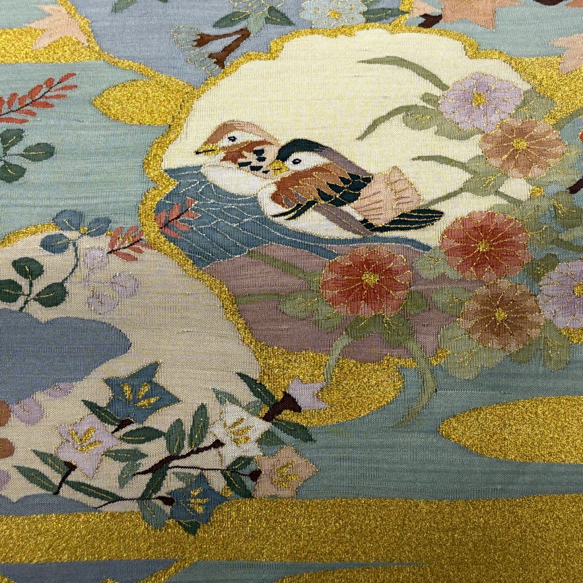 【美品】 袋帶 逸品級 雪輪 鴛鴦 金絲 綴織 淺綠 お太鼓圖案 純蠶絲