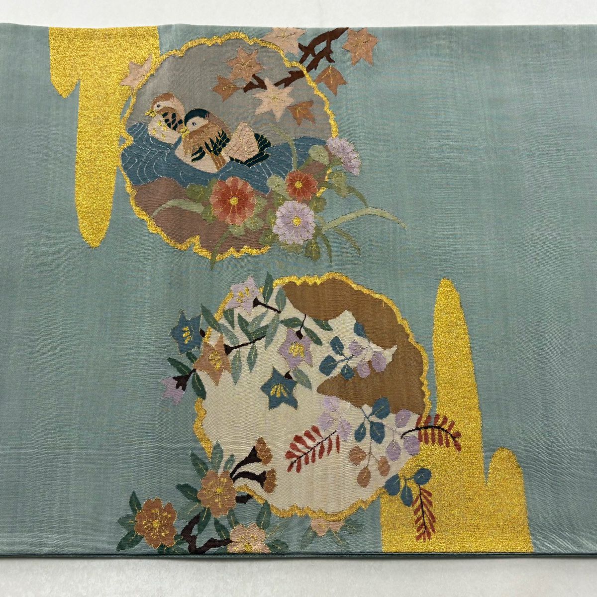 【美品】 袋帶 逸品級 雪輪 鴛鴦 金絲 綴織 淺綠 お太鼓圖案 純蠶絲