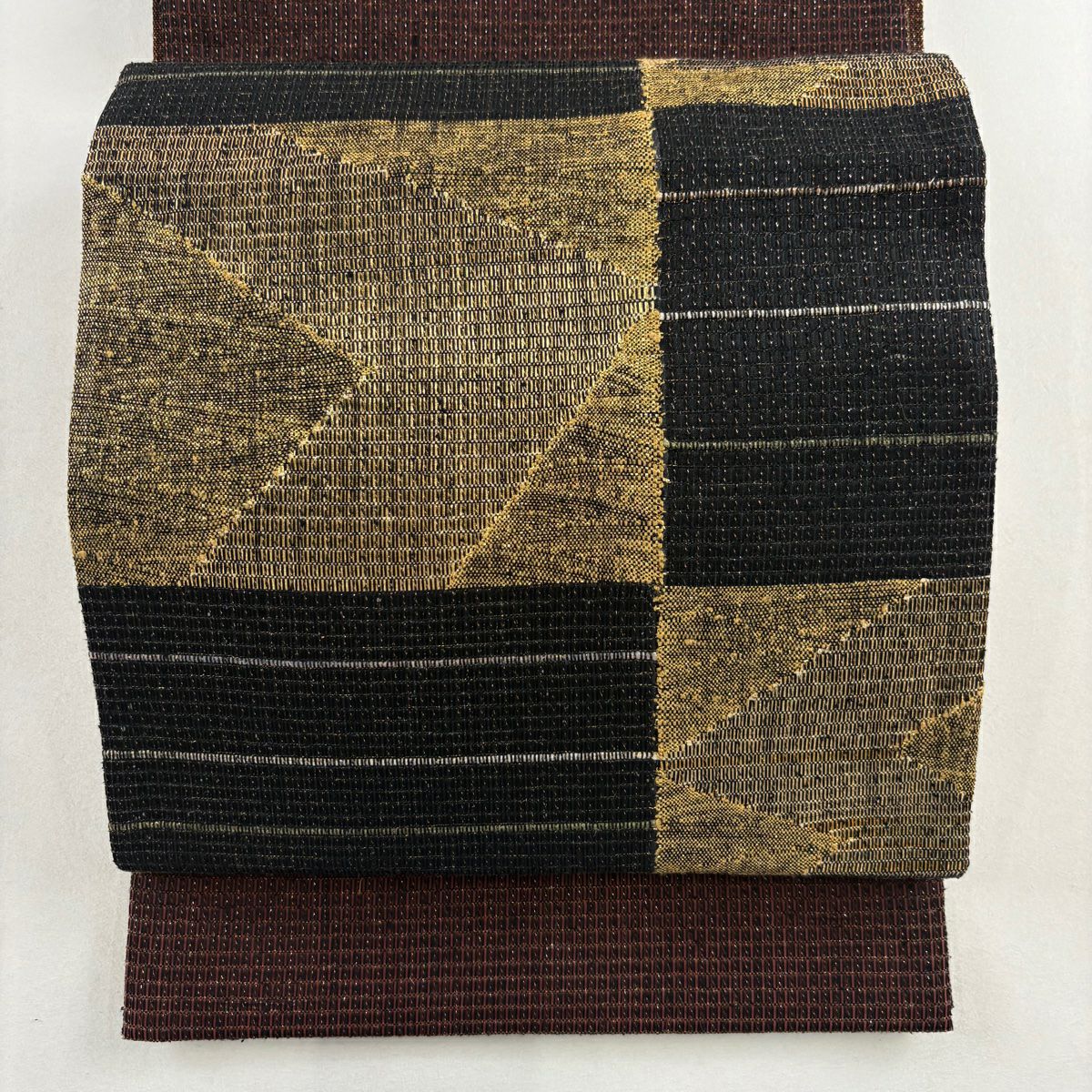 【美品】 袋帶 秀品級 大和 變化市松樹 紋理 金金箔 金絲 茶紫 大鼓圖案 純蠶絲