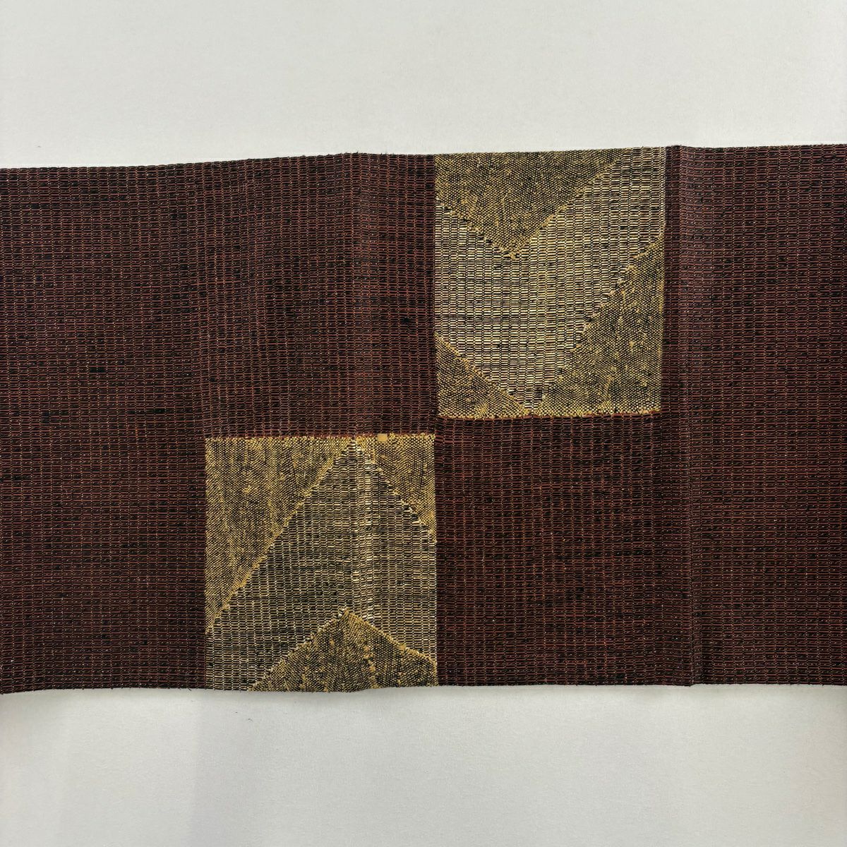 【美品】 袋帶 秀品級 大和 變化市松樹 紋理 金金箔 金絲 茶紫 大鼓圖案 純蠶絲