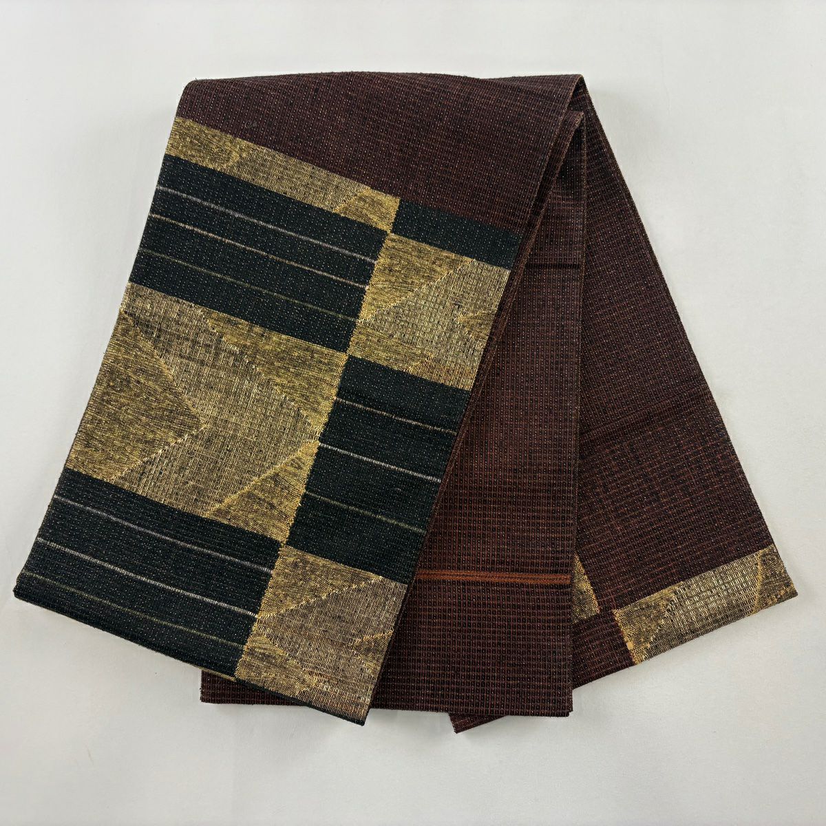 【美品】 袋帶 秀品級 大和 變化市松樹 紋理 金金箔 金絲 茶紫 大鼓圖案 純蠶絲