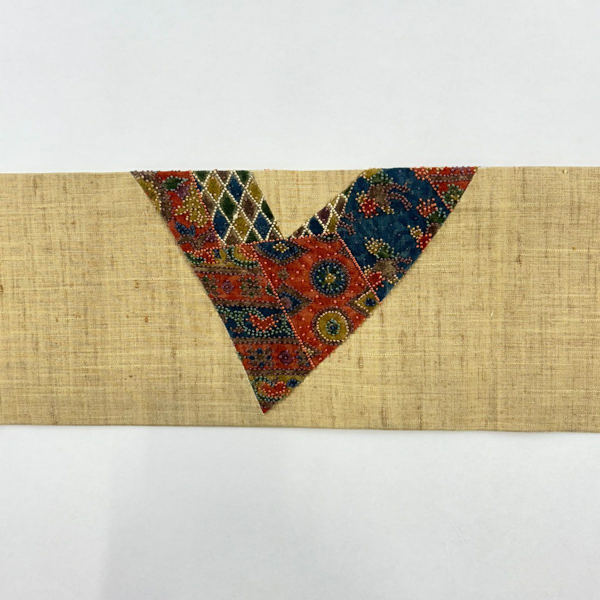 【美品】名古屋帶 優品級 紬織織 幾何圖案 刺繡 淺土色 純蠶絲