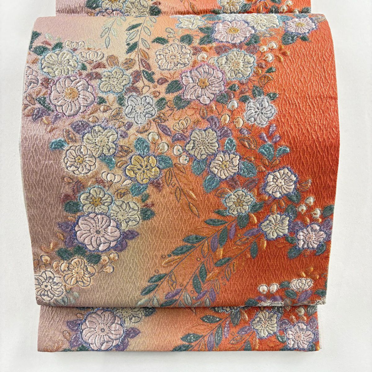 【美品】 袋帶 秀品級 草花紋紋 金金箔 漸層 紅色 六通 純蠶絲