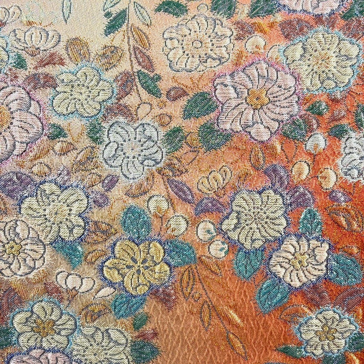 【美品】 袋帶 秀品級 草花紋紋 金金箔 漸層 紅色 六通 純蠶絲