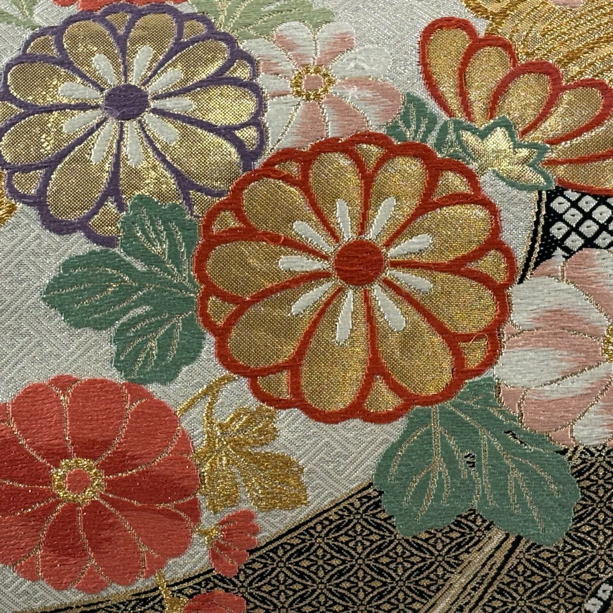 袋帶 秀品級 菊花花 束帶熨斗紋 刺繡 金金箔 奶油色 全通 純蠶絲