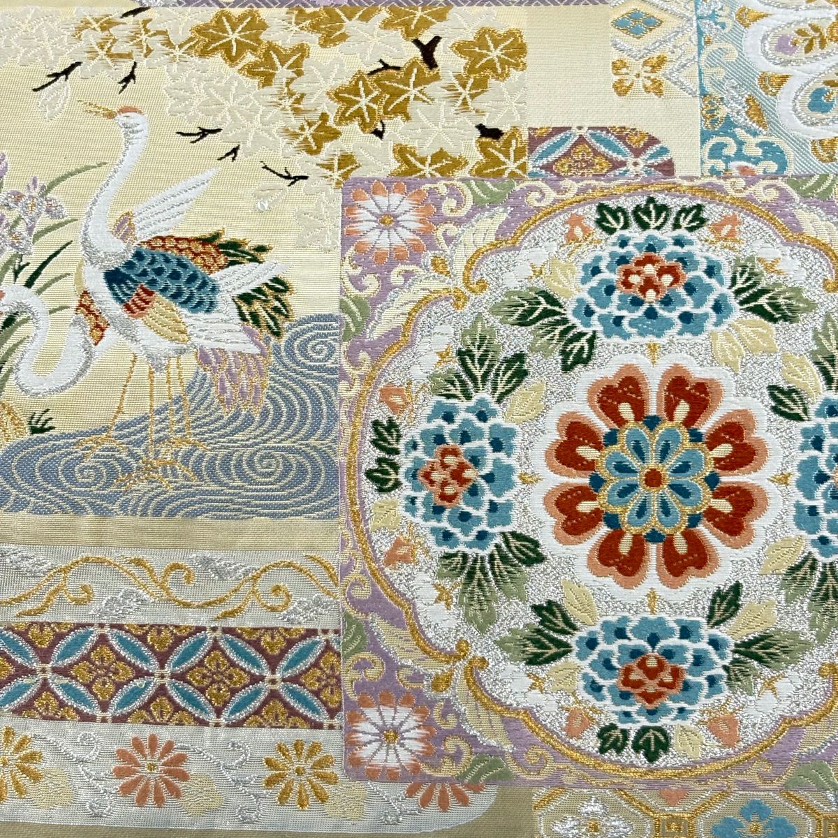 【美品】 袋帶 秀品級 華紋 仙鶴 金銀彩 金金箔 米色 六通 純蠶絲