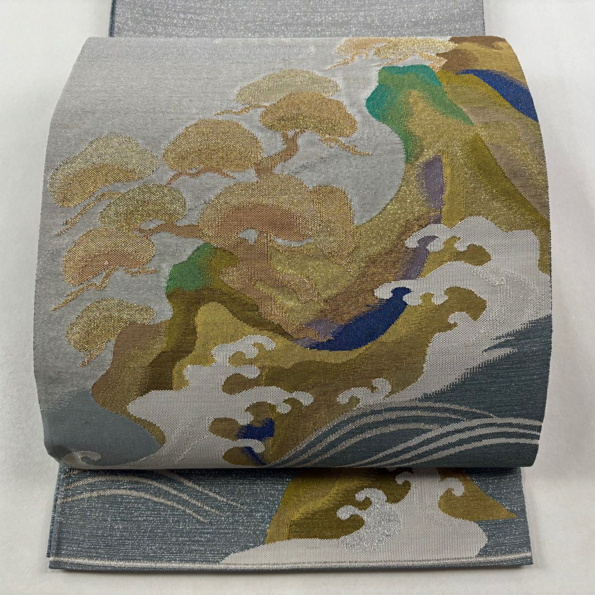 袋帶 秀品級 波 松樹 金銀絲 青灰 素材 純蠶絲