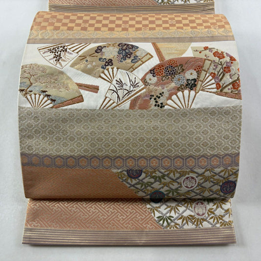 袋帶 秀品級 關西仕立 雙層 扇子 草花紋紋 刺繡 金金箔 米色 六通 純蠶絲