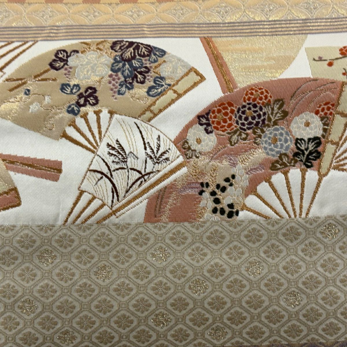 袋帶 秀品級 關西仕立 雙層 扇子 草花紋紋 刺繡 金金箔 米色 六通 純蠶絲