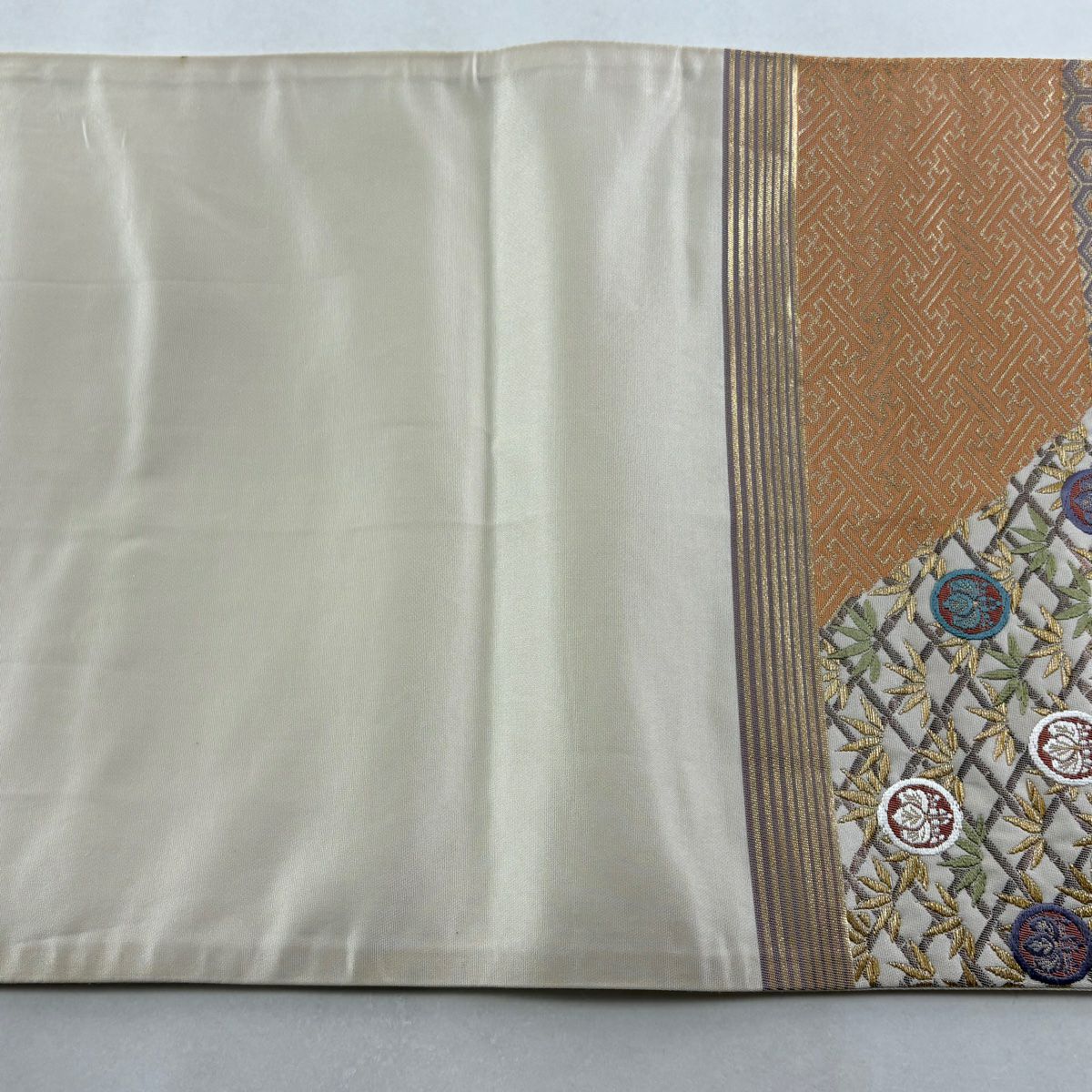袋帶 秀品級 關西仕立 雙層 扇子 草花紋紋 刺繡 金金箔 米色 六通 純蠶絲