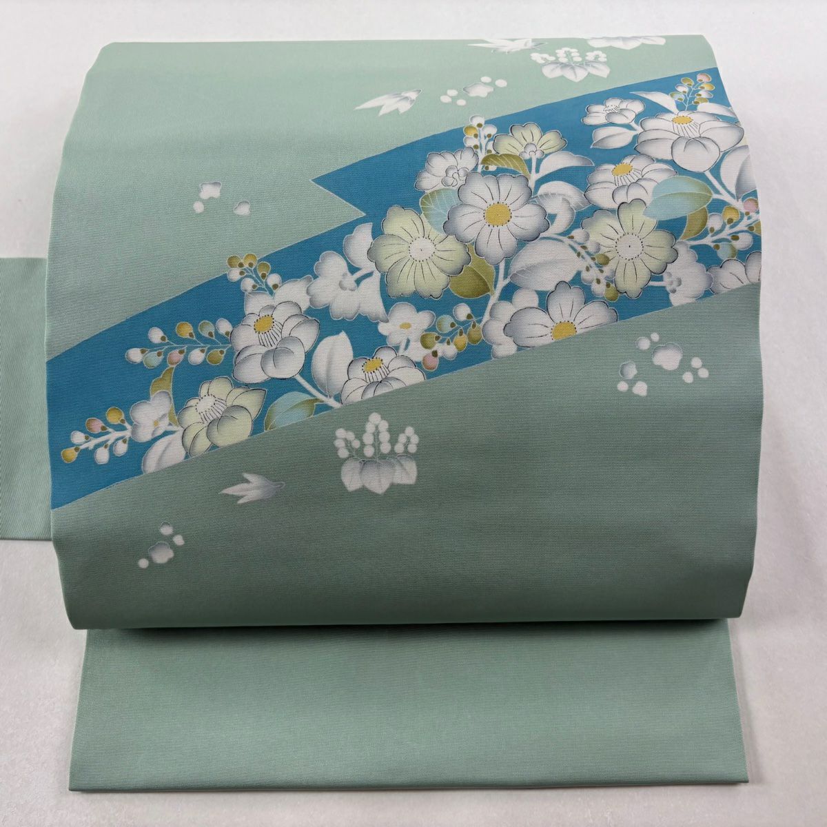 【美品】名古屋帶 秀品級 落款 草花紋紋 桐 薄綠 純蠶絲