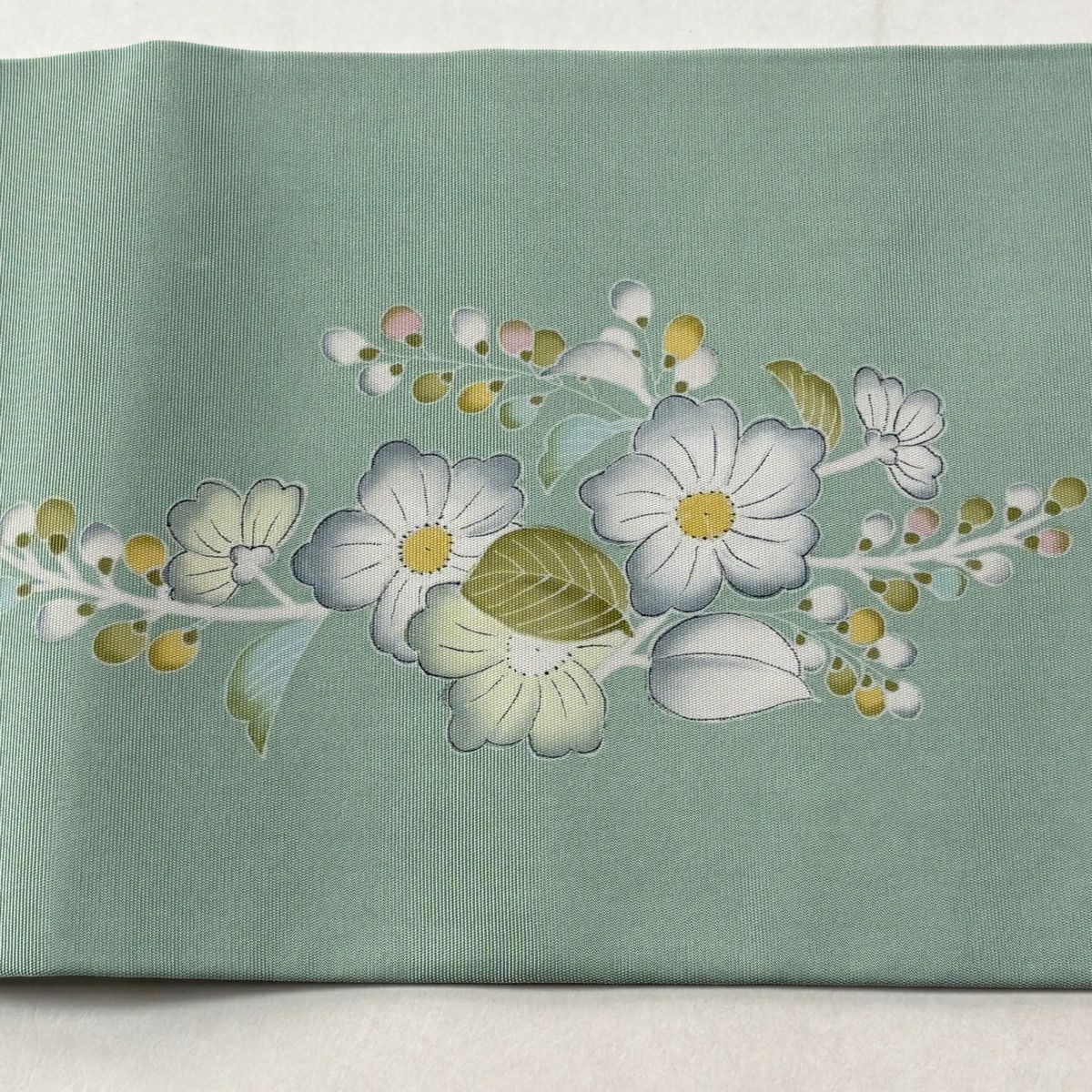 【美品】名古屋帶 秀品級 落款 草花紋紋 桐 薄綠 純蠶絲