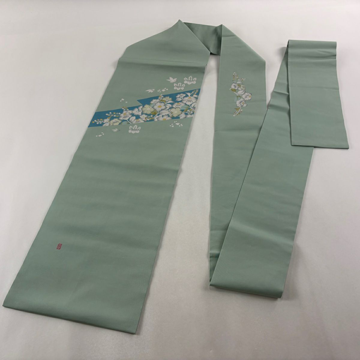 【美品】名古屋帶 秀品級 落款 草花紋紋 桐 薄綠 純蠶絲