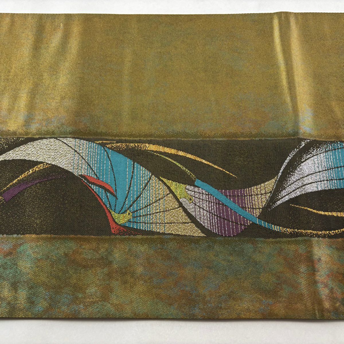 【美品】 袋帶 秀品級 孔雀 金金箔 金色 六通 純蠶絲