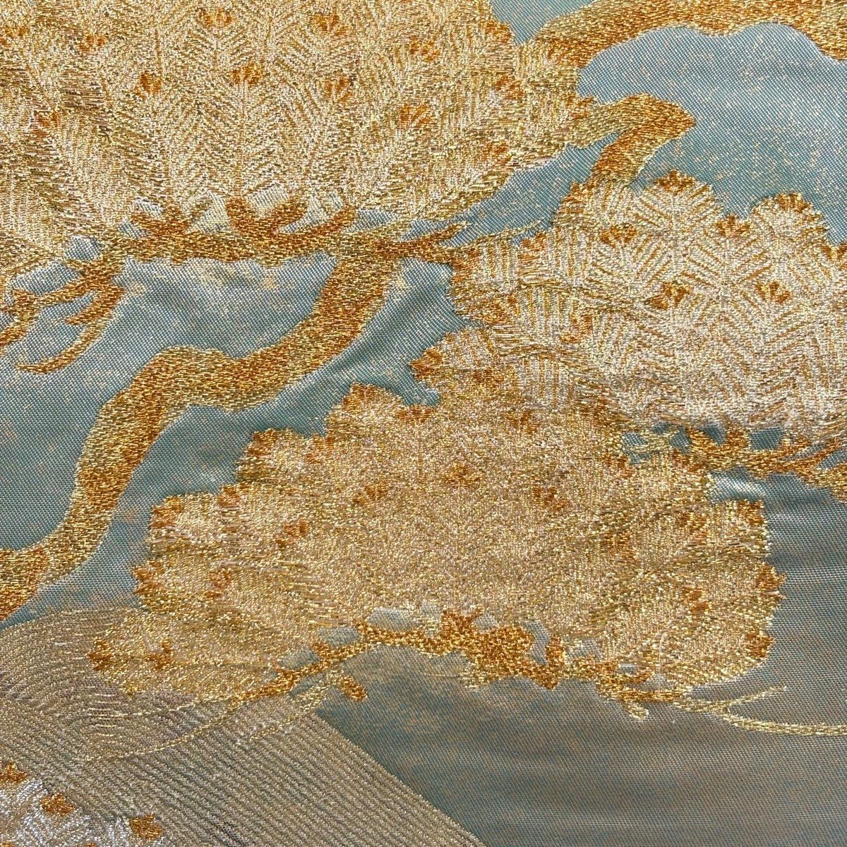 【美品】 袋帶 秀品級 松樹 金絲 金金箔 灰綠 お太鼓圖案 純蠶絲