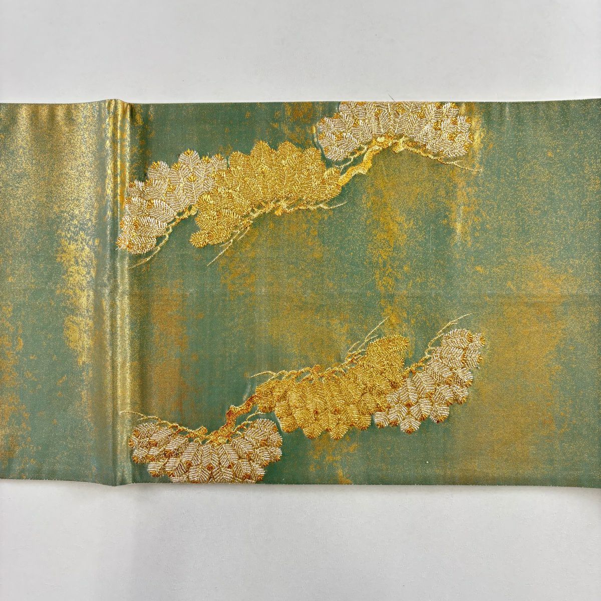 【美品】 袋帶 秀品級 松樹 金絲 金金箔 灰綠 お太鼓圖案 純蠶絲