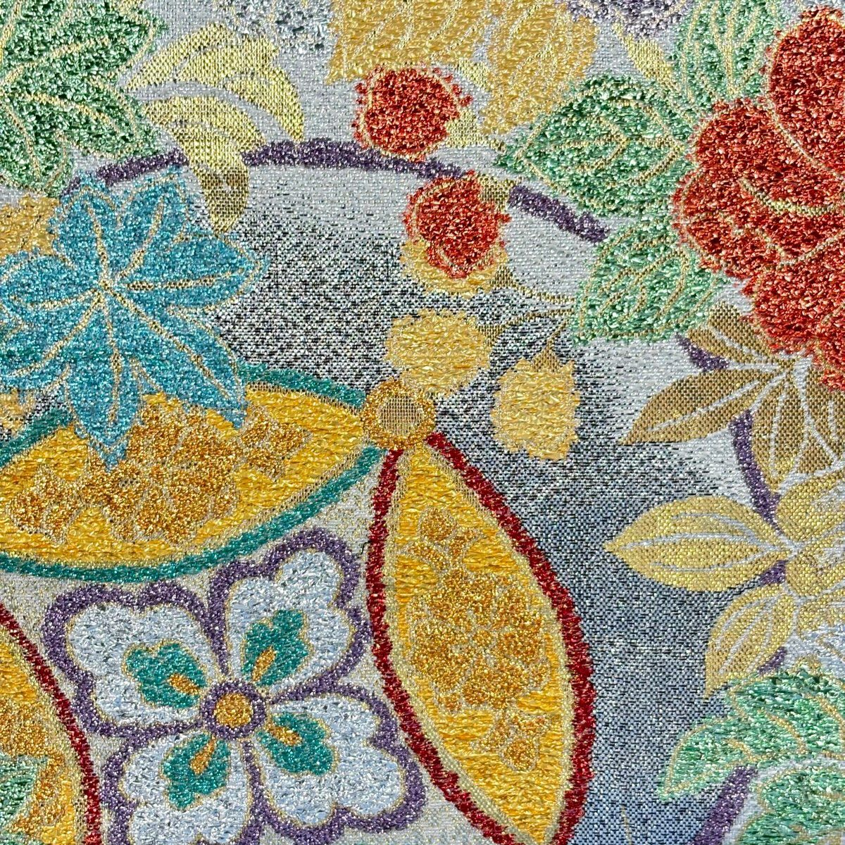 【美品】 袋帶 秀品級 華紋 草花紋紋 金金箔 銀 六通 純蠶絲