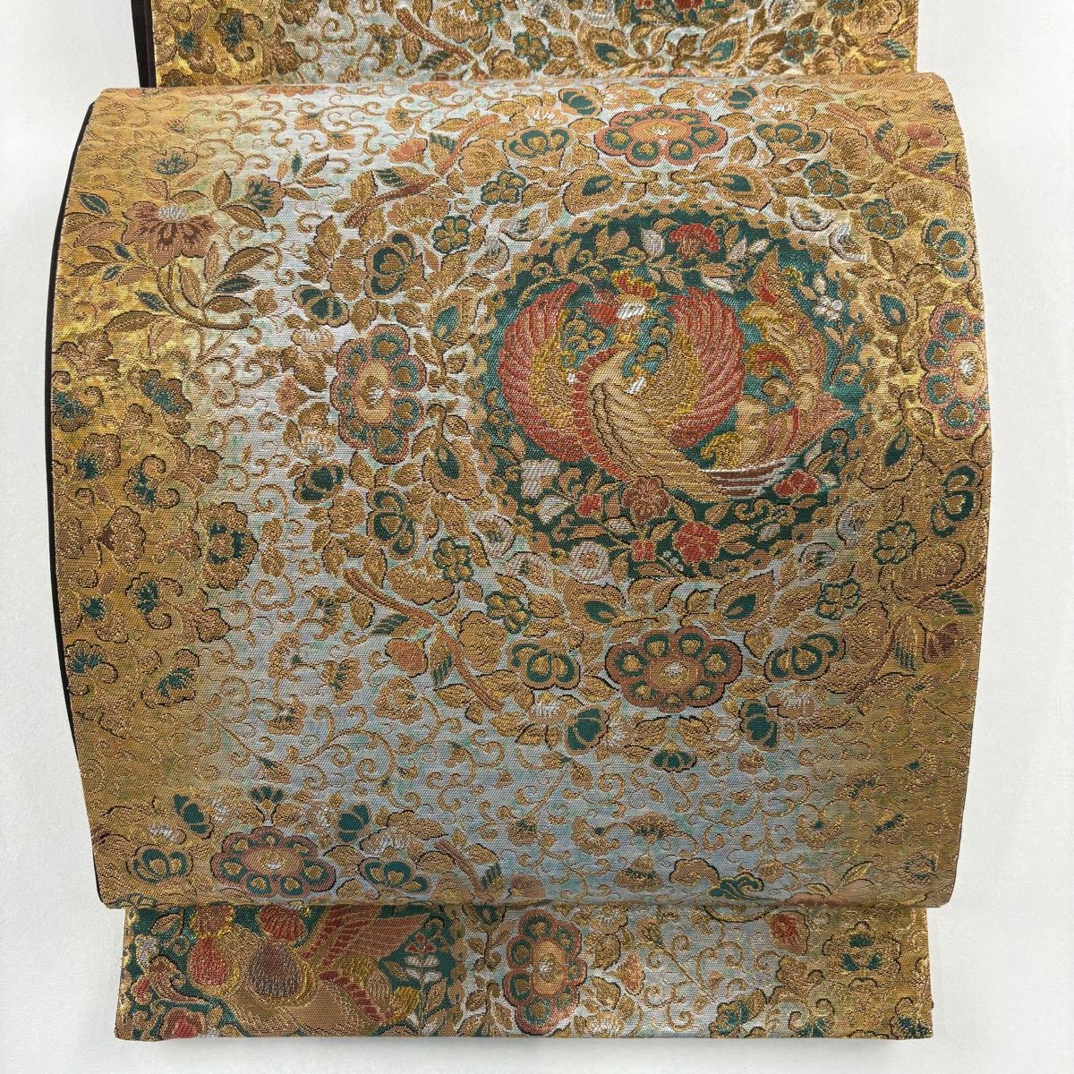 【美品】 袋帶 秀品級 花鳥 花唐草紋 金金箔 灰 深藍 六通 純蠶絲