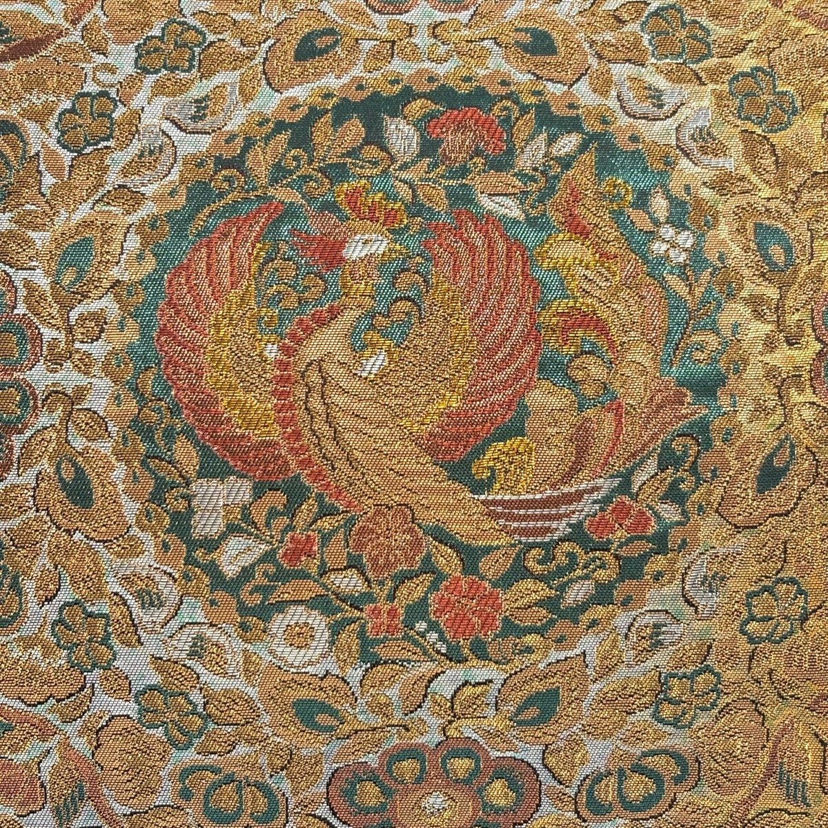 【美品】 袋帶 秀品級 花鳥 花唐草紋 金金箔 灰 深藍 六通 純蠶絲