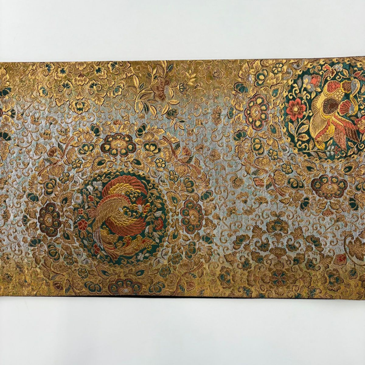 【美品】 袋帶 秀品級 花鳥 花唐草紋 金金箔 灰 深藍 六通 純蠶絲
