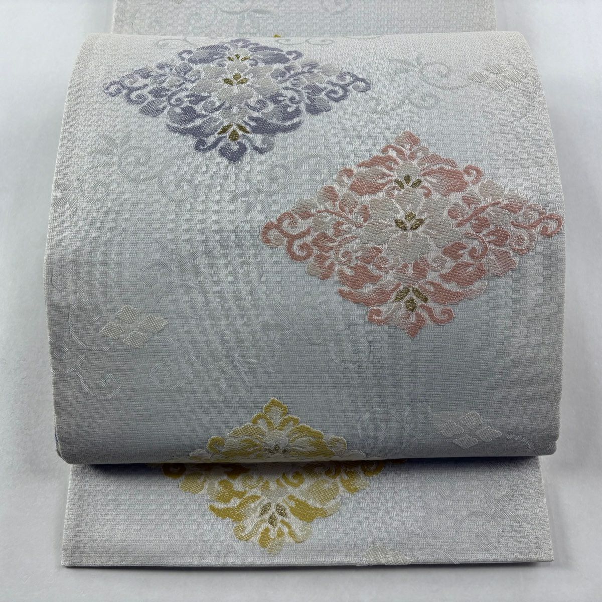 袋帶 逸品級 雙面 花菱 唐草紋 金絲 灰白 六通 純蠶絲