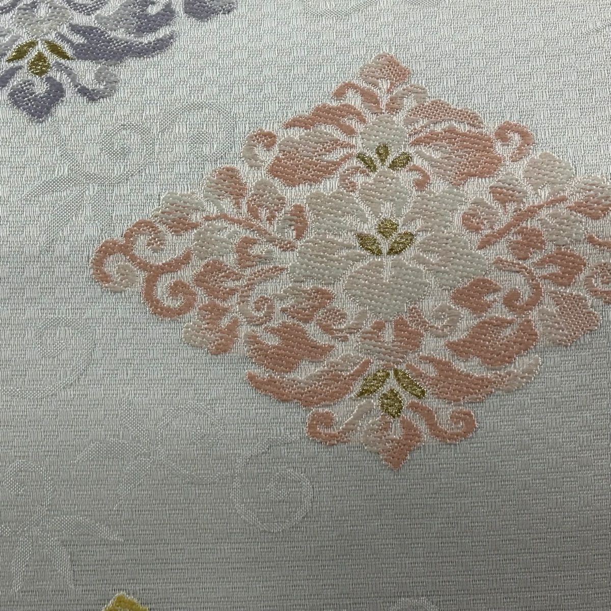 袋帶 逸品級 雙面 花菱 唐草紋 金絲 灰白 六通 純蠶絲