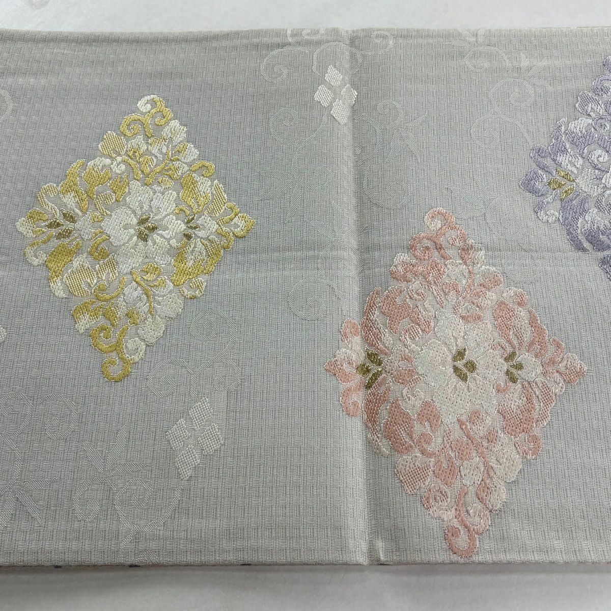 袋帶 逸品級 雙面 花菱 唐草紋 金絲 灰白 六通 純蠶絲
