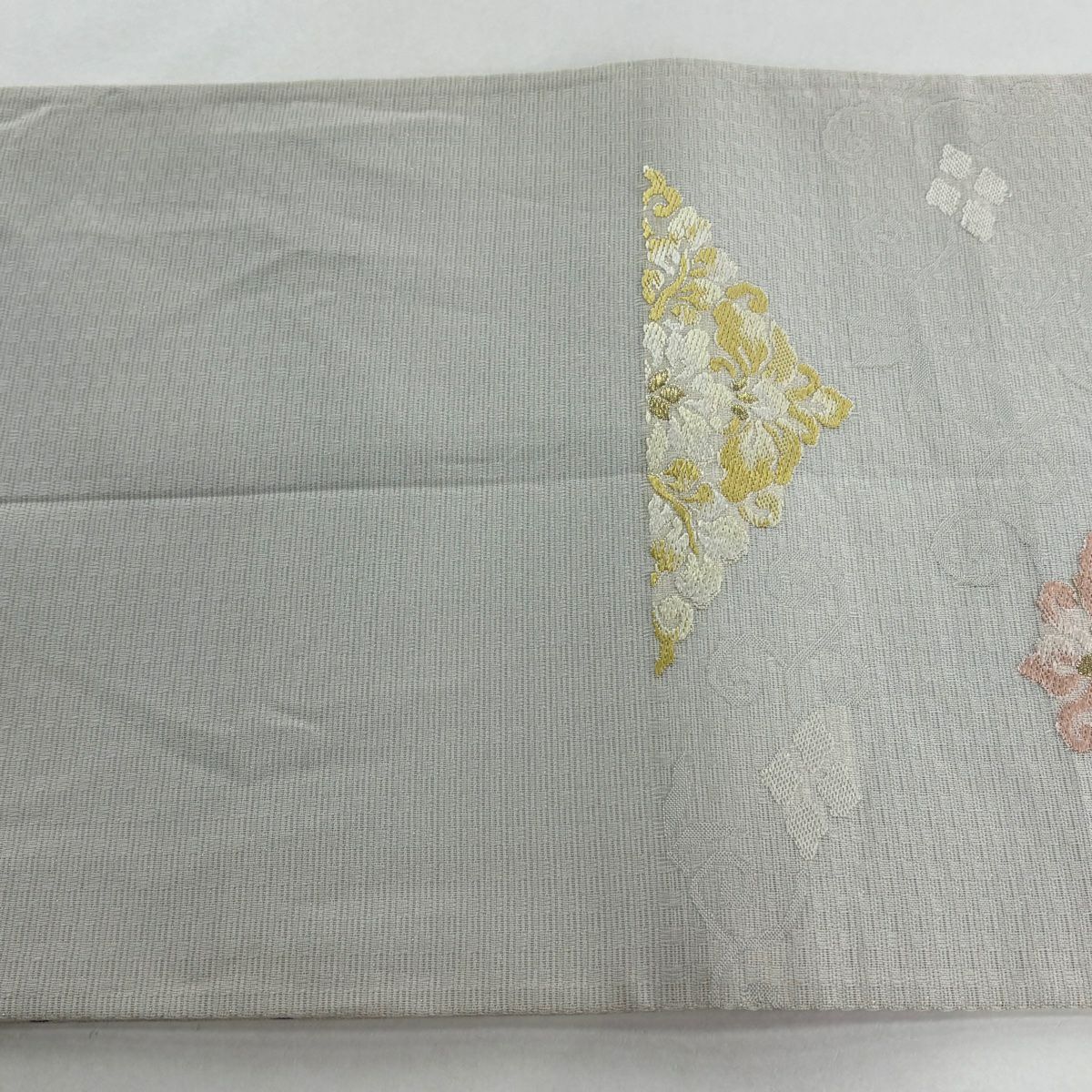 袋帶 逸品級 雙面 花菱 唐草紋 金絲 灰白 六通 純蠶絲